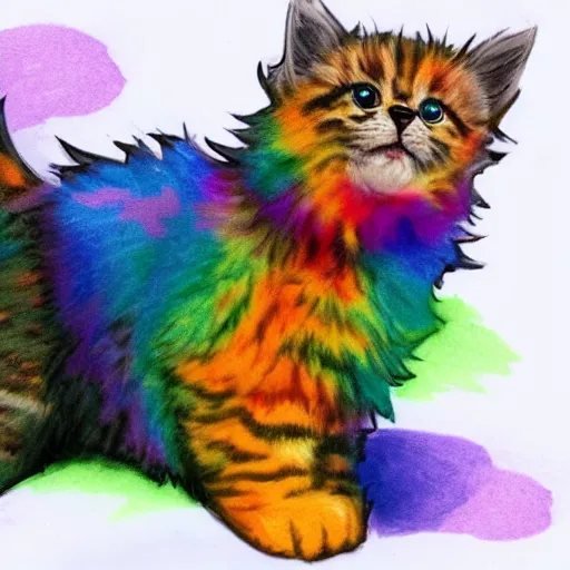 Image similar to wide angle full body, of a fluffy cute rainbow kitten wearing a black motorcycle jacket, concept art