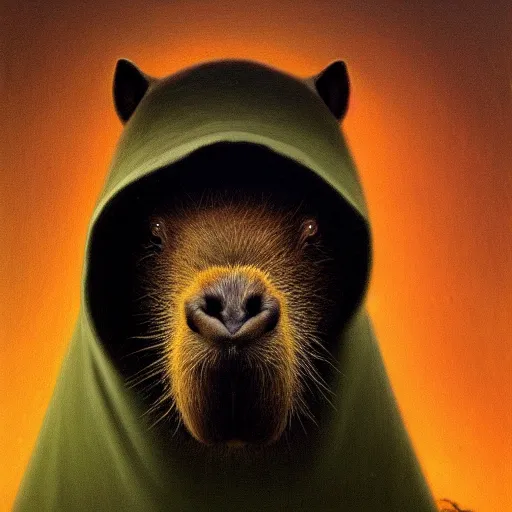 Prompt: a portrait of a capybara wearing a black hood, cloak covering face, anatomically correct, beautiful perfect face, enigmatic, oil painting, matte, black background, volumetric dynamic lighting, highly detailed, cinematic lighting, unreal engine, 8 k, hd, by beksinski