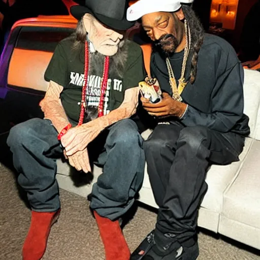 Prompt: willie nelson and snoop dogg smoking a blunt