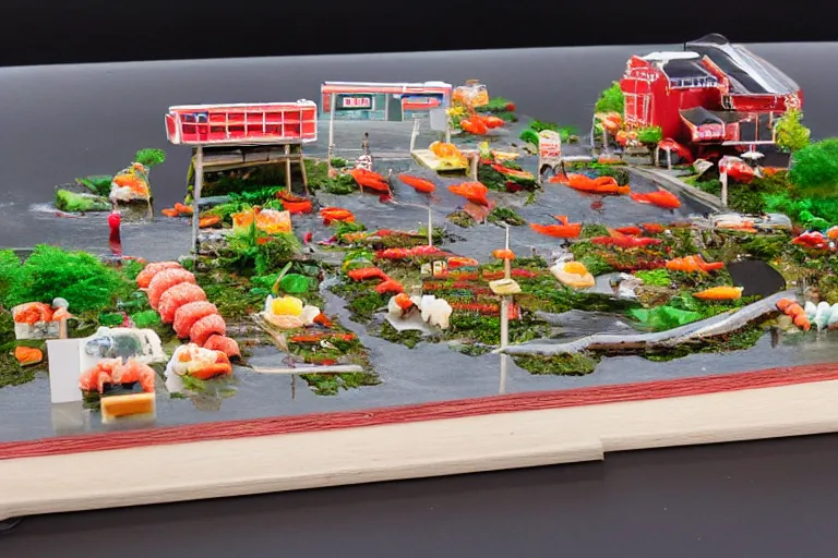 Prompt: miniature town made of sushi, diorama picture, 5 5 mm, sushitown