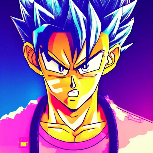 Image similar to a award winning half body portrait of drip goku, outrun, vaporware, shaded flat illustration, digital art, trending on artstation, highly detailed, fine detail, intricate, sensual, elegant, seductive