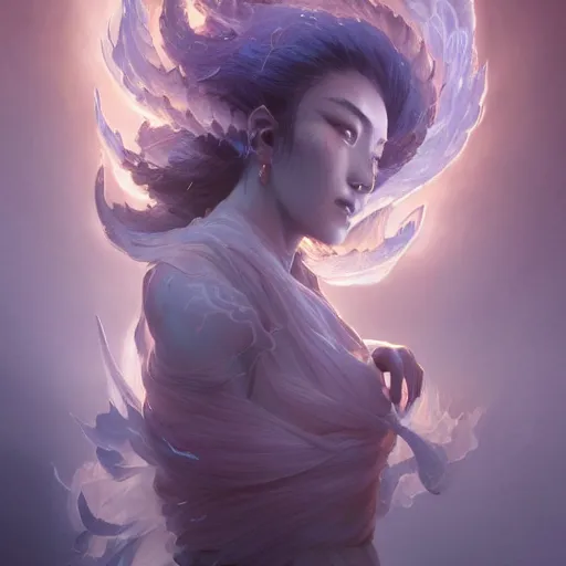 Image similar to female japanese fire elemental, ghostly form, transparent, d & d, highly detailed, digital painting, artstation, concept art, sharp focus, illustration, cinematic lighting, art by artgerm and greg rutkowski and alphonse mucha