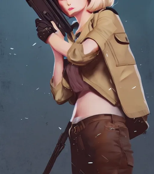 Image similar to pretty woman holding a gun, by wlop, rain, poster, anime key visual, artstation