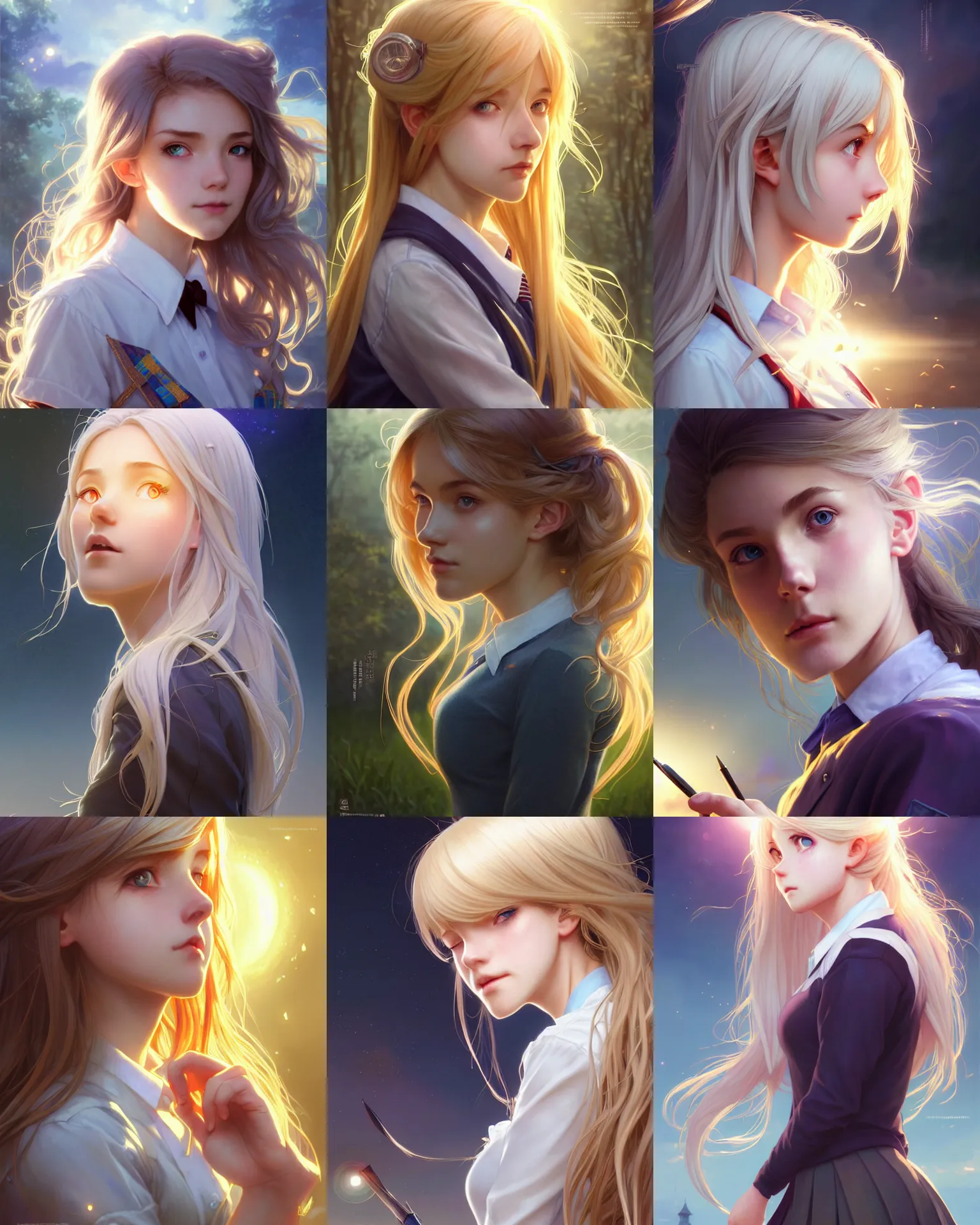 Prompt: side portrait of an innocent lost college girl, magic school uniform, light - coloured hair, large messy hair style, fantasy building, intricate, sharp focus, lens flare, bloom, rim light, illustration, highly detailed, digital painting, concept art, matte, art by wlop and artgerm and greg rutkowski and alphonse mucha, masterpiece