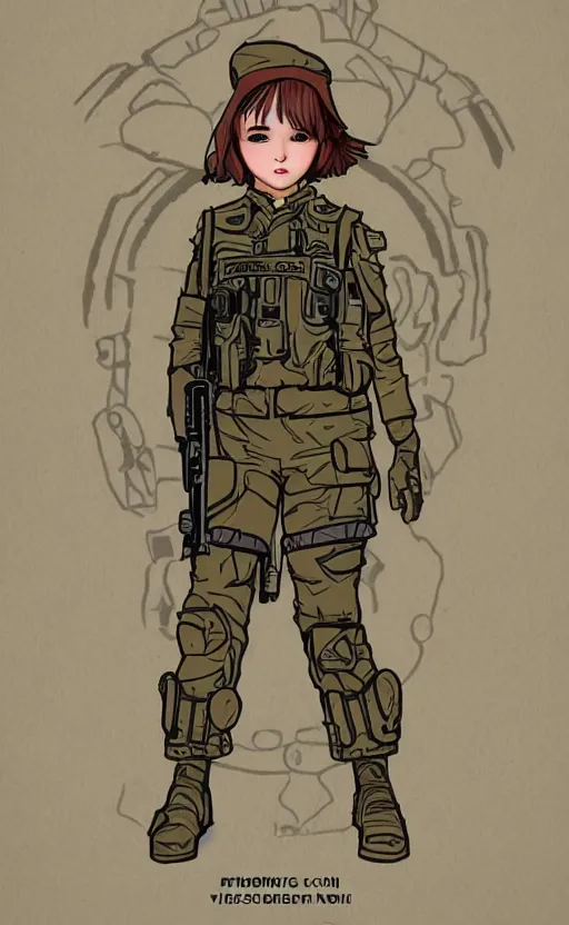 Prompt: patch design, girl, kuvshinov ilya, concept art, trading card front, soldier clothing, military gear, vector line art