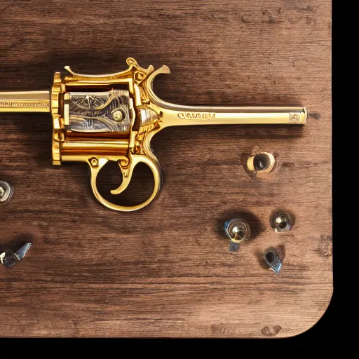 Image similar to golden revolver with engravings laying on a wooden table, high detail, complex