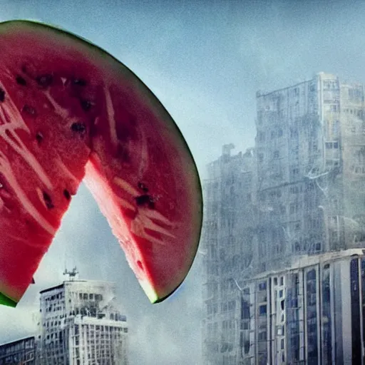 Prompt: an big watermelon falling from the sky crush the high building cause big destruction, cinematic, movie still , Holywood quality