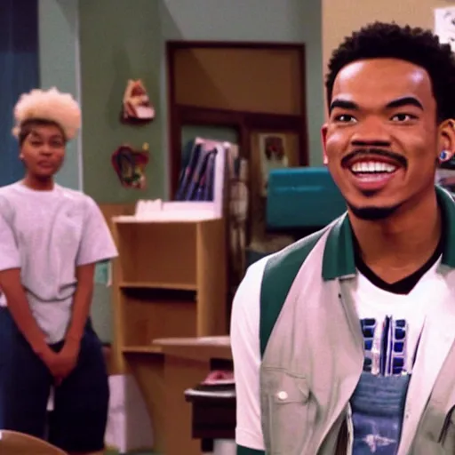 Image similar to a tv still of Chance The Rapper starring as a black college student at Jones College Prep in a 1993 sitcom