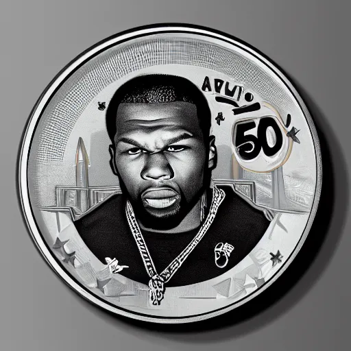 Image similar to a photograph of a 5 0 cent coin depicting rapper 5 0 cent