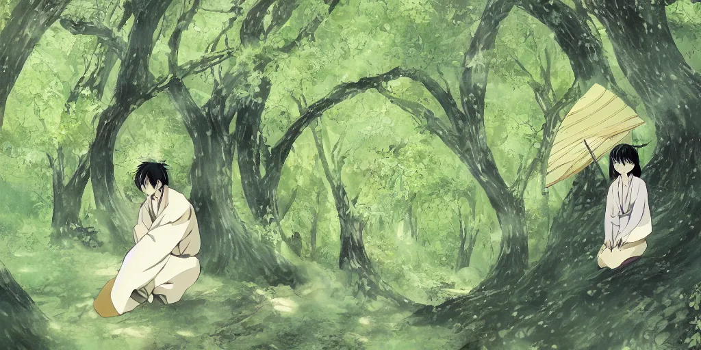 Prompt: ginko showing a new mushi, mushishi by studio ghibli, mutsumi akasaki, wallpaper splash art promo art