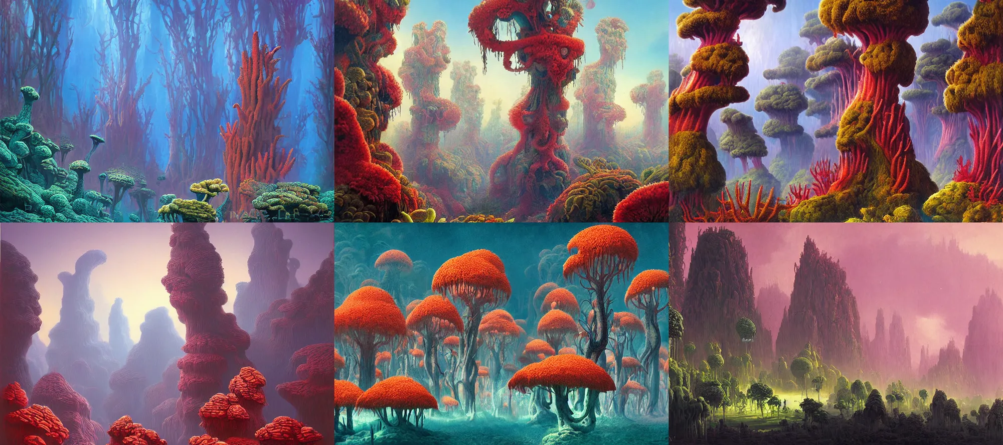 Prompt: coral forest in the style of dr. seuss, starships, painting by raphael lacoste