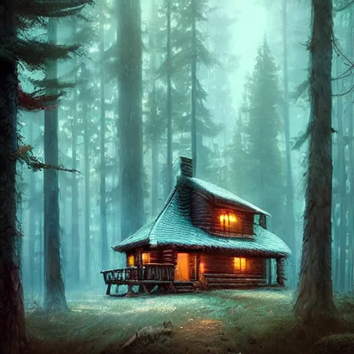 Image similar to a wooden cabin in the woods, magical forest, by Jordan Grimmer and greg rutkowski, crisp lines and color,