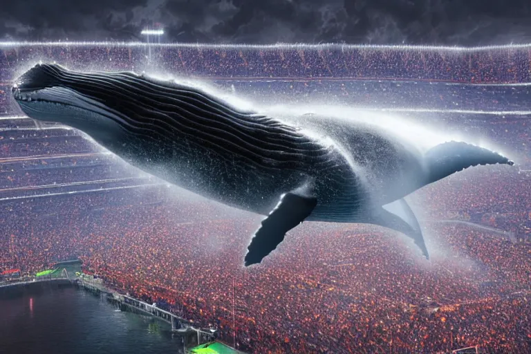 Prompt: a humpback whale flying over the NFL Super Bowl Stadium cinematic lighting by Jessica Rossier