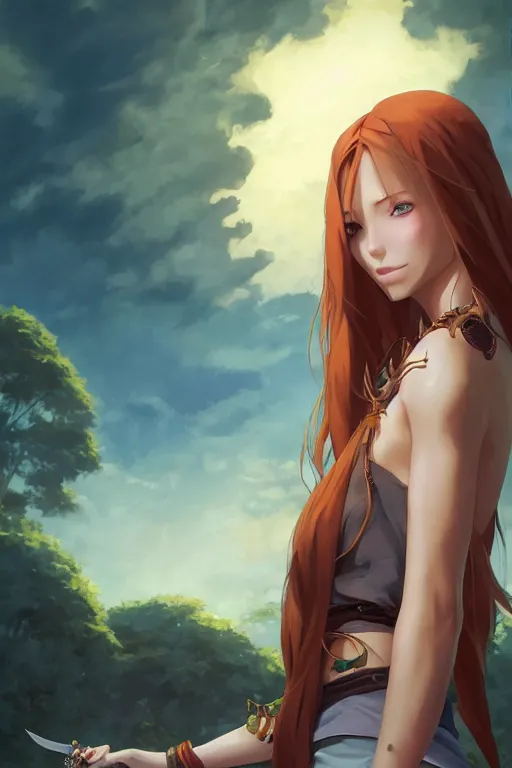 Image similar to long ginger hair, tanned woman in a prehistoric outfit, green eyes, fang necklace, by artgerm, hair tied in a ponytail, white backdrop, soft lighting, night scene, by greg rutkowski makoto shinkai takashi takeuchi