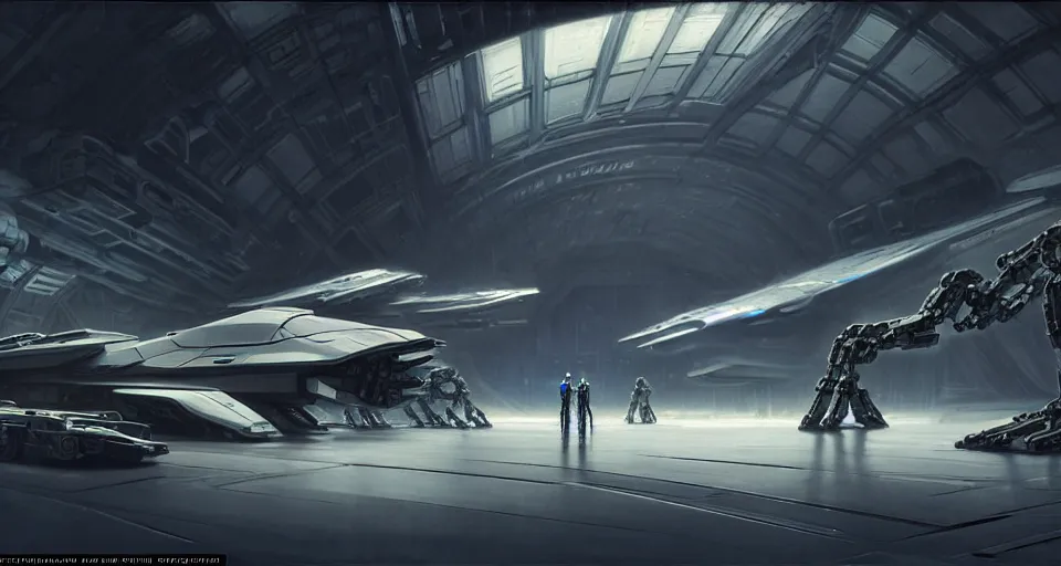 Prompt: hyper realistic sci - fi matte concept art painting of mecha in a starship hanger, starship in background, beautiful details, strong composition painted by kim jung guweta studio rutkowski, james gurney and greg rutkowski, and lucasfilm, smooth, intricate, detailed, sharp focus, cinematic