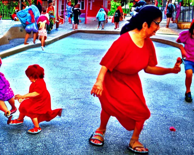 Prompt: Hispanic Granny In A Red MuMu Throwing A Slide Sandal At A Bunch Of Kids Running Away From Her, Detailed, Anime Style, Manga Style, 8K, HDR, San Antonio Texas Cityscape Sunset, HDR, volumetric lighting, Birds Eye View, Hyperrealistic-H 960