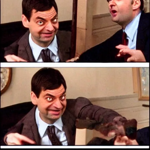 Prompt: mr. bean throwing beans on top of tobey maguire's face, really annoyed, messy, greasy, wet, sloppy