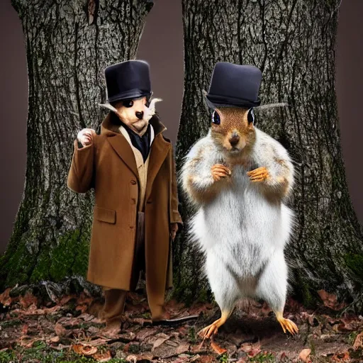 Prompt: an environmental portrait of squirrels dressed as Sherlock Holmes and Watson