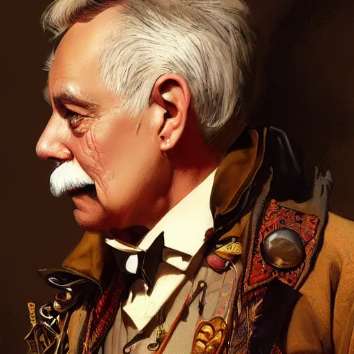 Prompt: charles elmer rip taylor jr, portrait, western, steampunk, flamboyant duster, fantasy, intricate, elegant, highly detailed, digital painting, artstation, concept art, sharp focus, illustration, art by artgerm and greg rutkowski and alphonse mucha