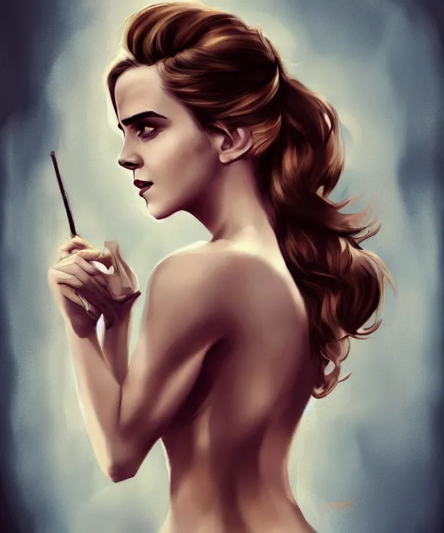 Image similar to emma watson in pinup style, elegant, digital painting, trends on artstation, concept art