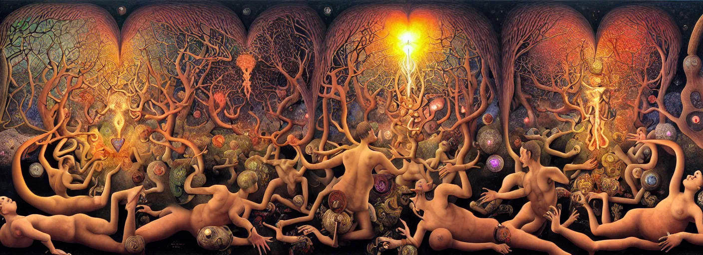 Prompt: mythical war between inner and outer forces in the visceral anatomical human heart imaginal realm of the collective unconscious, in a dark surreal mixed media oil painting by johfra, mc escher and ronny khalil, dramatic lighting from inner fire, 3 0 s cartoons by haeckel