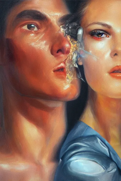 Prompt: hyperrealism oil painting, close - up portrait of two person, fashion model in front, melting cyborg in distance, complete darkness, in style of classicism mixed with 8 0 s sci - fi hyperrealism