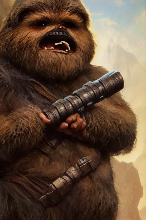 Image similar to upper body portrait of a hulking herculean dwarven ewok from star wars, cinematic lighting, photorealistic, octane render, 8 k, depth of field, 3 d, art by artgerm and greg rutkowski and alphonse mucha and uang guangjian and gil elvgren and sachin ten