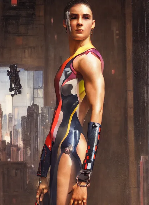Prompt: cyberpunk olympic gymnast with robotic arms wearing a jumpsuit ( blade runner 2 0 4 9, cyberpunk 2 0 7 7 character design ). orientalist portrait by john william waterhouse and james gurney and theodore ralli and nasreddine dinet, oil on canvas. cinematic, hyper realism, realistic proportions, dramatic lighting, high detail 4 k