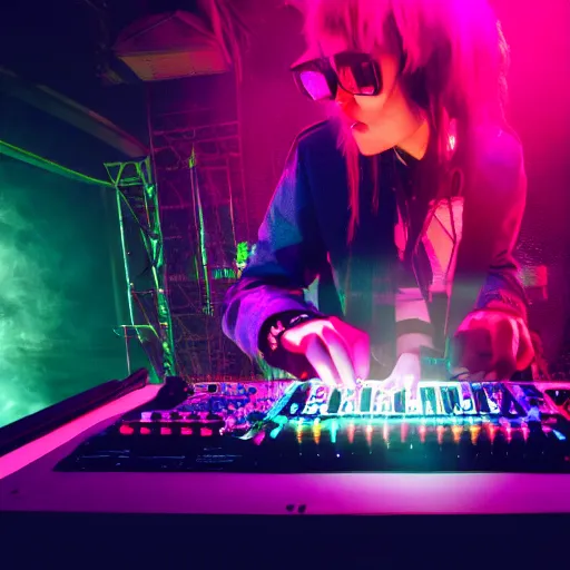 Image similar to Grimes DJing onstage playing with a synthesizer, neon, lambent lighting with vivid and radiant colors, 35mm photography, volumetric lighting, trending on artstation, artstationHD, artstationHQ, 4k, 8k.