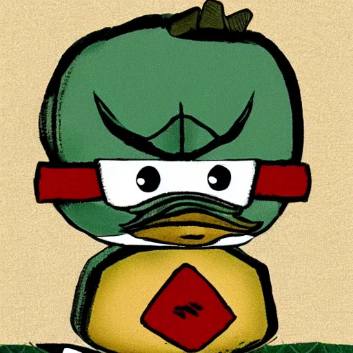 Prompt: a sad little samurai duck