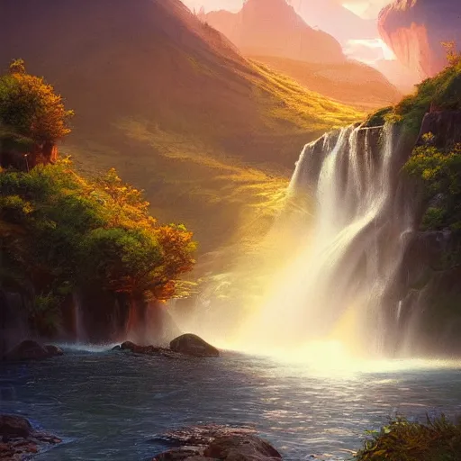 Image similar to beautiful waterfall between lush mountains in the sunset casting rays of light, highly detailed, sharp focus, artgerm, cgsociety