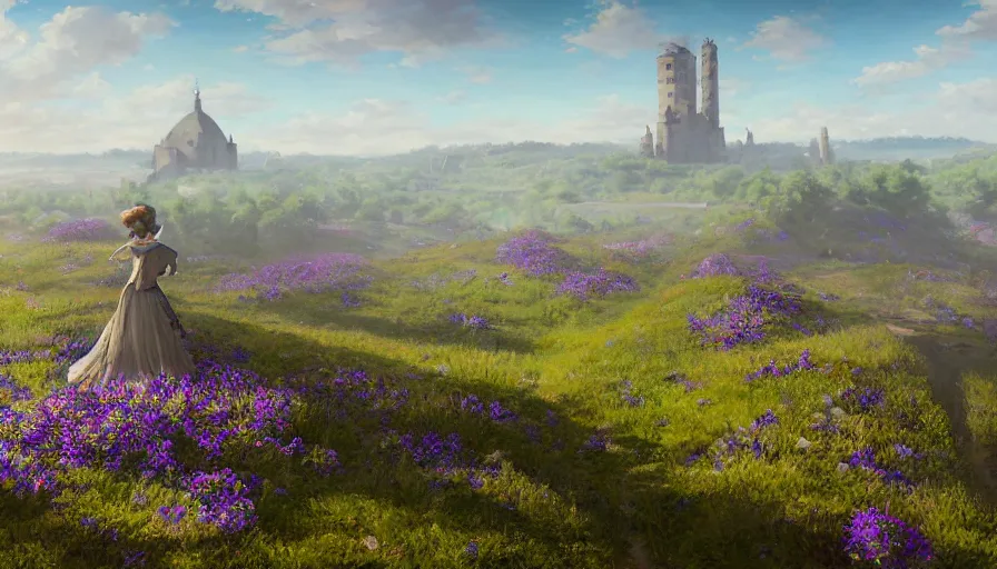 Image similar to landscape painting drone shot of violet evergarden standing on a distant flower hill, behind it a distant old german city, blue sky, sunshine, fantasy, intricate, elegant, highly detailed, digital painting, artstation, blender, unreal engine 5, octane render, smooth, sharp focus, illustration, by Philipp A. Urlich and greg rutkowski