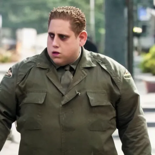 Image similar to movie still of Jonah Hill starring as Guile in the 2026 live action street fighter movie