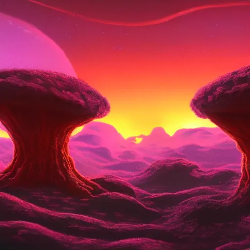 Image similar to concept art of an alien fungal landscape with red sky and dramatic lighting, ringed planet in sky