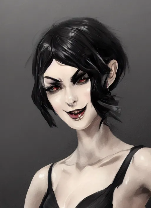 Prompt: a highly detailed illustration of beautiful short black messy haired woman wearing eyepatch and noir style suit and tie, dramatic smiling pose, intricate, elegant, highly detailed, centered, digital painting, artstation, concept art, smooth, sharp focus, league of legends concept art, WLOP