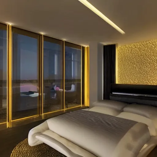 Prompt: luxurious bedroom at night, highly detailed, light coming from door, futuristic