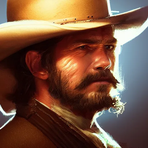 Image similar to old west outlaw, sharp focus, intricate, elegant, digital painting, artstation, matte, highly detailed, concept art, illustration, volumetric lighting, bokeh light, art by greg olsen and liz lemon swindle