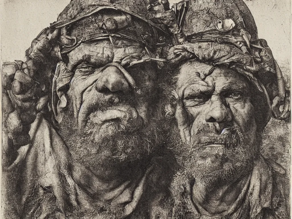 Image similar to portrait of a head of a man working in the coal mine. copper engraving by albrecht durer, august sander