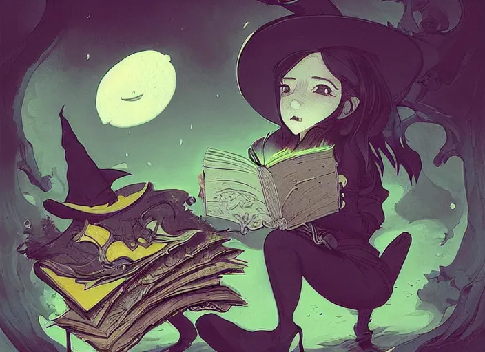 Image similar to highly detailed portrait of a little witch opening a book art by ghailan, james gilleard, by joe fenton, by greg rutkowski, by greg tocchini, by kaethe butcher, 4 k resolution, gradient yellow, black, brown and cyan color scheme, grunge aesthetic!!!