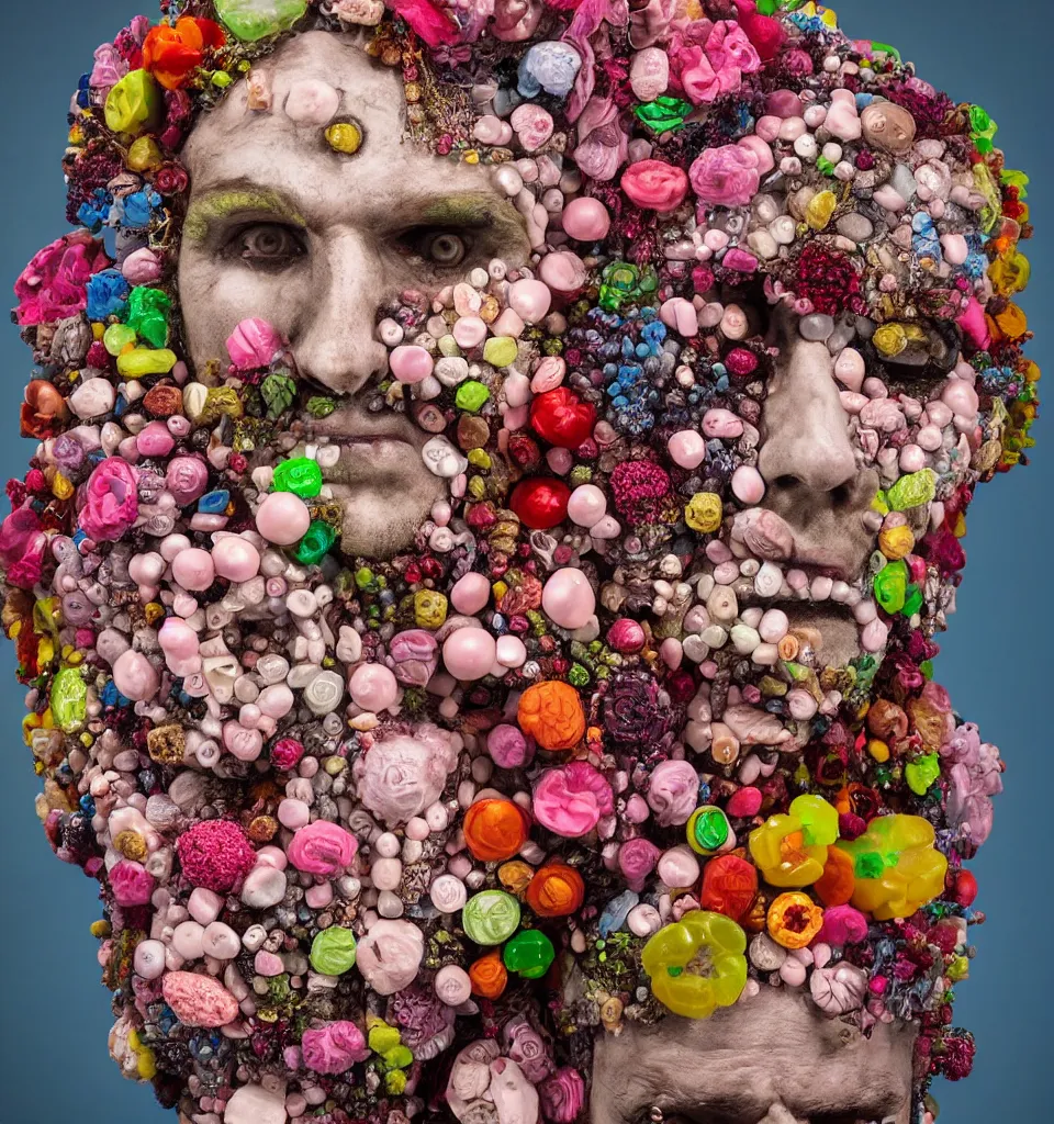Image similar to portrait headshot of a zombie punk, head made of fruit gems and flowers in the style of arcimboldo, david altmejd, photorealistic, dynamic lighting, action figure, clay sculpture, claymation, cloudy pink background