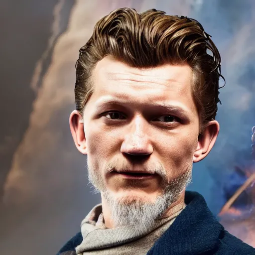 Image similar to tom holland as a rough dirty old man with a scruffy beard in a dark blue trenchcoat as the new doctor who, cinematic, volumetric lighting, f 8 aperture, cinematic eastman 5 3 8 4 film, photorealistic