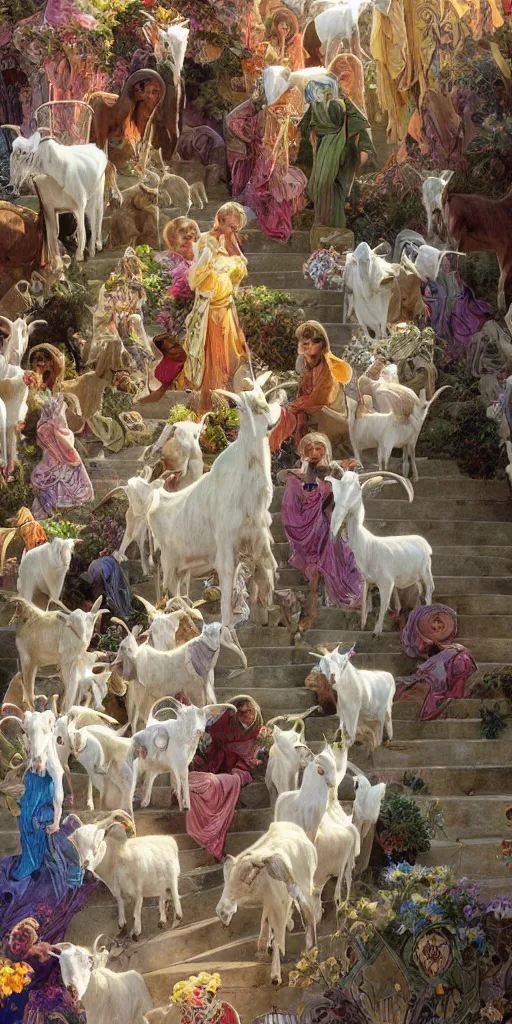 Image similar to a herd of goats! on stairs in a beautiful fantasy cathedral, epic, grandiose, many goats, magic, tall towers, gorgeous clouds, colorful, sunrays, digital painting, landscape, octane render, unreal engine, high detail, very realistic, by alphonse mucha