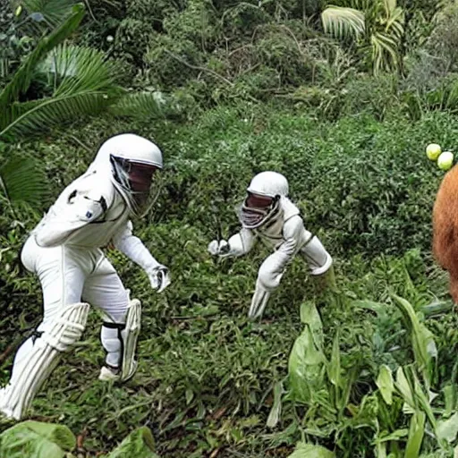 Image similar to cricket players in the jungle threatened by gorillas in spacesuits. Pineapple bushes