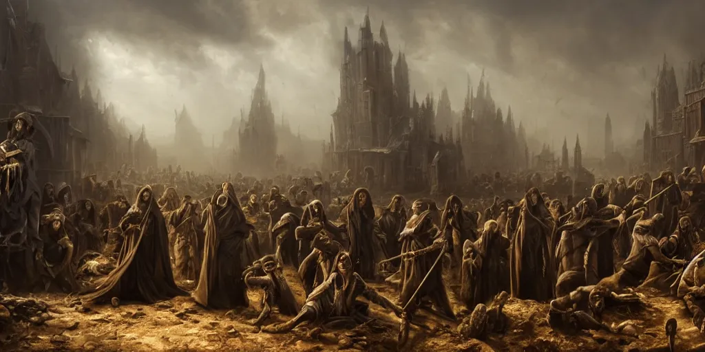 Image similar to beautiful oil matte painting, black plague infected people meeting the grim reaper, wonderful masterpiece highly detailed, beautiful cinematic light deep focus, elegant, digital painting, smooth, sharp focus, golden ratio, dramatic illumination, ultra realistic, 8 k, art by salvator rosa