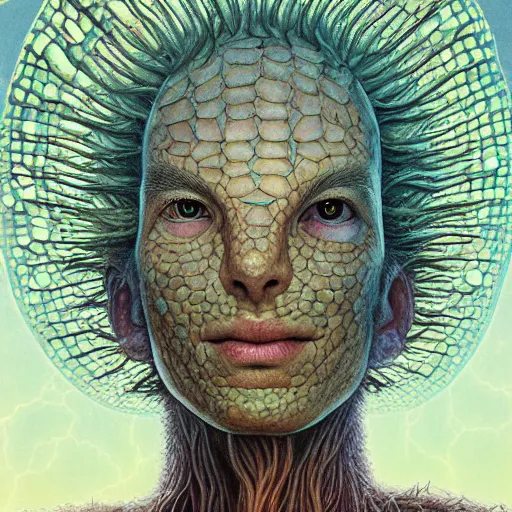 Image similar to fungus labyrinth mohawk scales projector portrait by gaston bussierre and charles vess and james jean and erik jones and rhads, inspired by rick and morty, epic, funny, huge scale, beautiful fine face features, intricate high details, sharp, ultradetailed