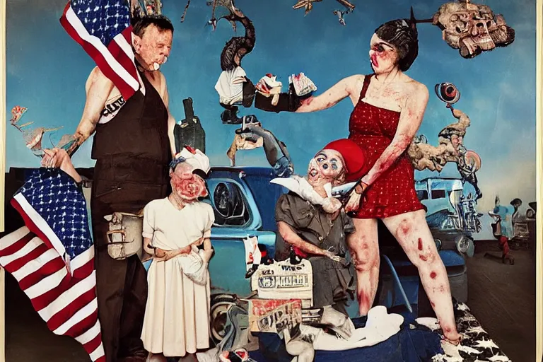 Prompt: full color american nightmare, joel peter witkin photo of 1 9 5 0 s suburban family, capitalist propaganda meets body horror, patriotic nihilism, annie liebovitz, bosch, disney