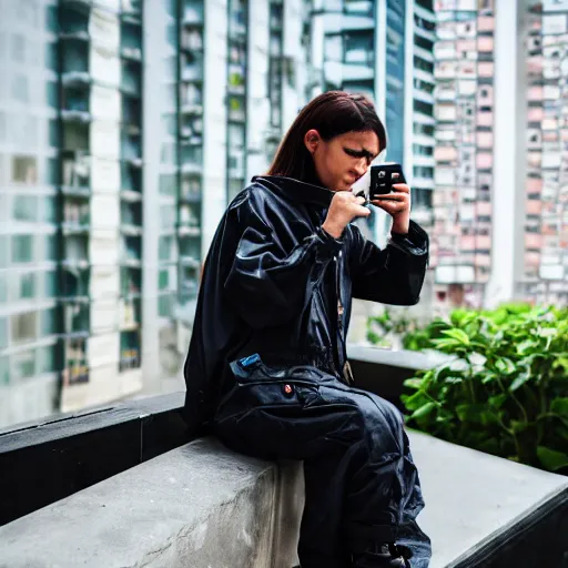 Image similar to candid photographic portrait of a poor techwear mixed young woman using a phone inside a dystopian city, closeup, beautiful garden terraces in the background, sigma 85mm f/1.4, 4k, depth of field, high resolution, 4k, 8k, hd, full color