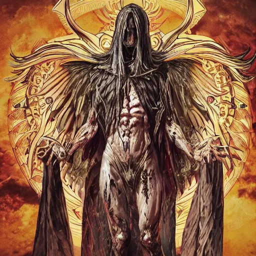 Image similar to 4K headshot of godlike Reaper of Nazareth with defined arms and open hands and bloody clothes with giant mandala wings , intricate face , flawless anime cel animation by Kentaro Miura, psychedelic , highly detailed upper body , professionally post-processed , beautiful, scary, symmetry accurate features, epic, octane rendered, anime masterpiece, accurate by Craig Mullins, ilya kuvshinov, krenz cushart, epic , artgerm trending on artstation by Edward Hopper and Dan Mumford and WLOP and Rutkovsky, beksinski carl spitzweg moebius and tuomas kocar, intricate artwork by caravaggio, Unreal Engine 5, Lumen, Nanite