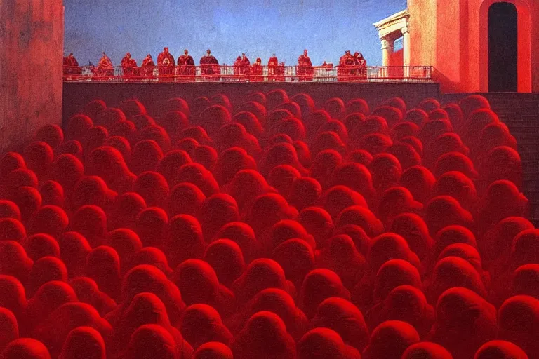 Image similar to only with red, a red melted emperor, taormina amphitheatre, crowd hails him, in the style of beksinski, parts by edward hopper, parts by rodcenko, parts by yue minjun, intricate and epic composition, red by caravaggio, insanely quality, highly detailed, masterpiece, red light, artstation, 4 k