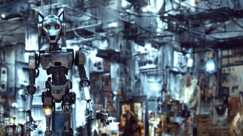 Prompt: film still from the movie chappie of the robot chappie shiny metal outdoor market scene bokeh depth of field furry anthro anthropomorphic stylized cat ears head android service droid robot machine fursona